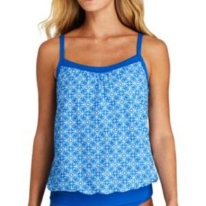 Lands' End NWOT Women's 4 Blue‎ White Geometric Tile Blouson Tankini Swim Top